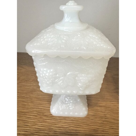 Vintage Milk Glass Covered Dish Pair With Grape Pattern By Anchor Hocking & Indi - Picture 2 of 16